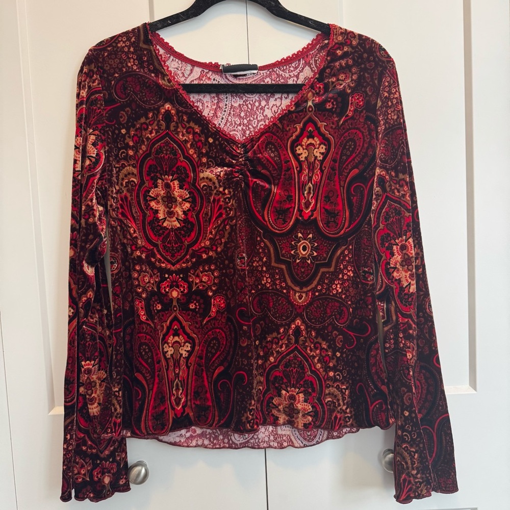 Fashion Bug Velvet Paisley Y2K Top Red Size L